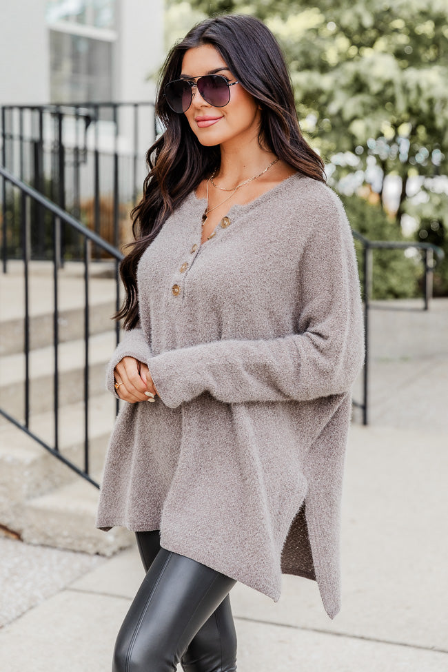 Thinking Of You Taupe  Fuzzy Henley Blouse