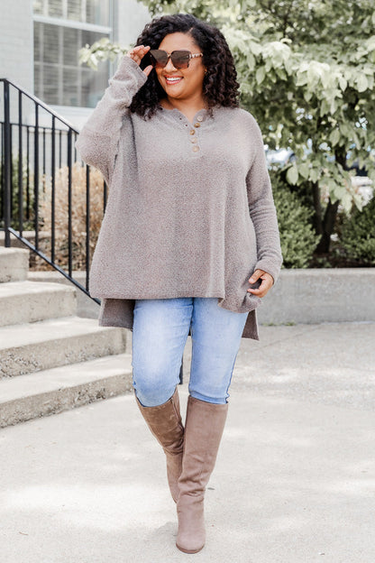 Thinking Of You Taupe  Fuzzy Henley Blouse