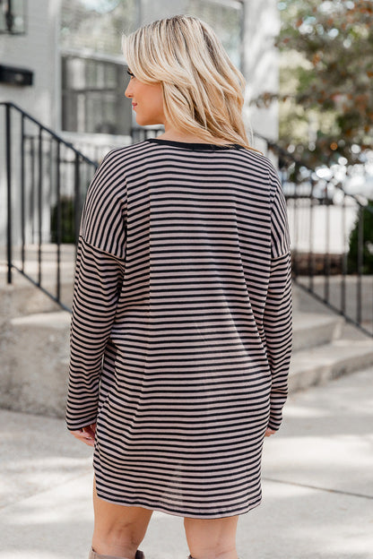 Brown and Black Striped Long Sleeve Ribbed T-Shirt Dress FINAL SALE