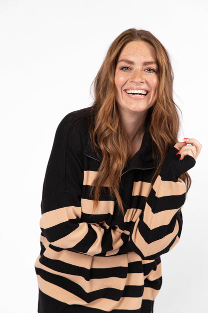 Pulling Heartstrings Black And Tan Striped Quarter Zip Pullover