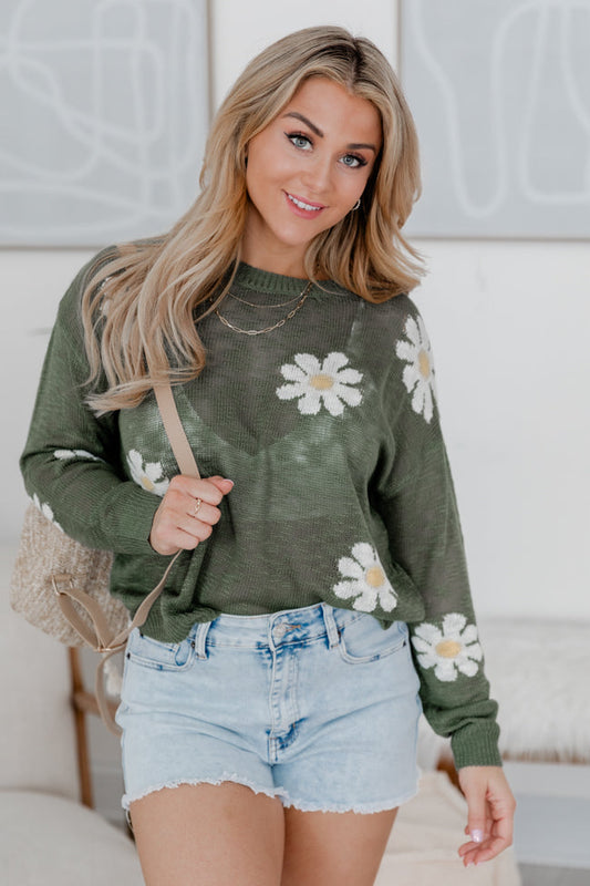 Oops-A-daisy Olive Daisy Print Sweater SALE