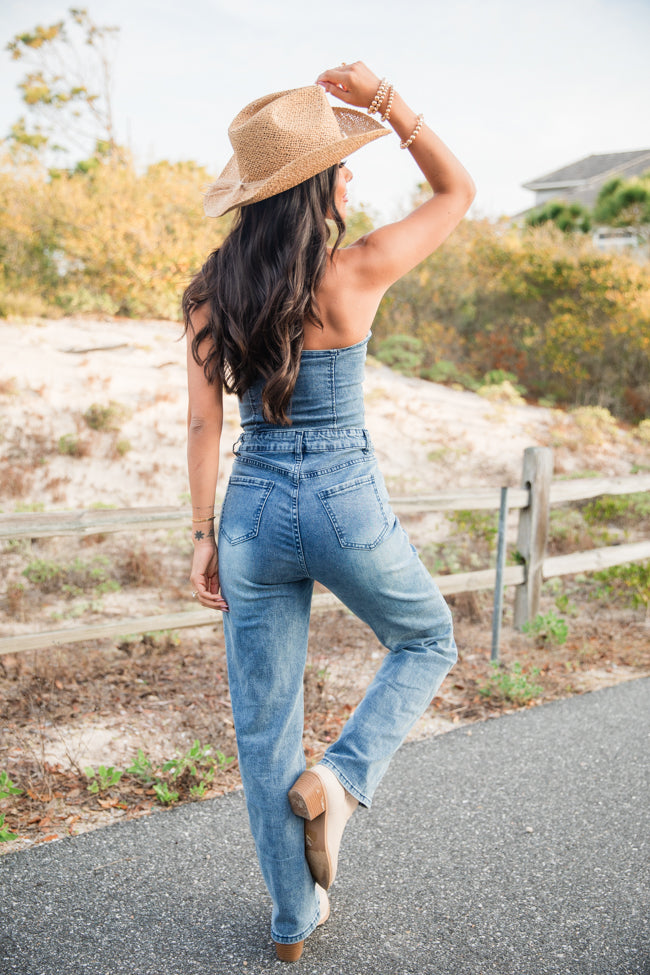 Country Roads Sweetheart Denim Jumpsuit