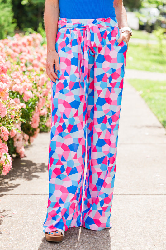 Fashionably Late Geometric Blue And Pink Belted Pants SALE