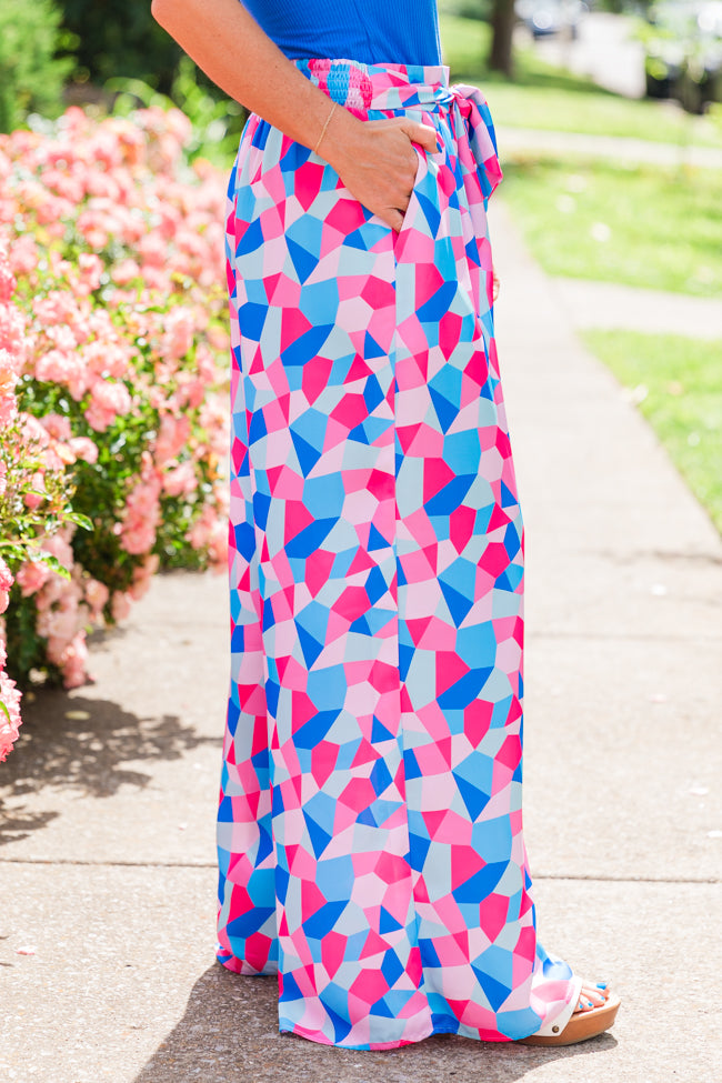 Fashionably Late Geometric Blue And Pink Belted Pants SALE