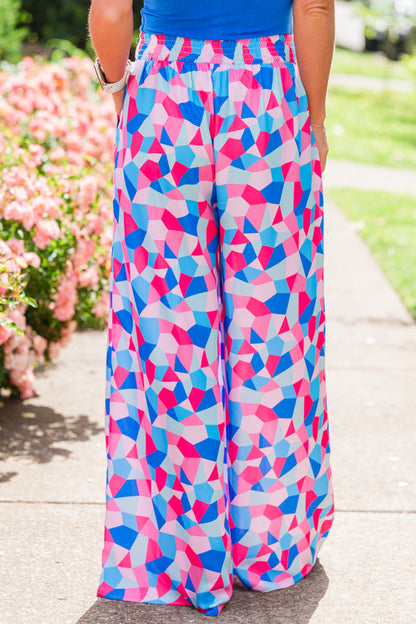 Fashionably Late Geometric Blue And Pink Belted Pants SALE